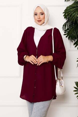 Önden Düğmeli Kimono Gömlek Bordo - Thumbnail