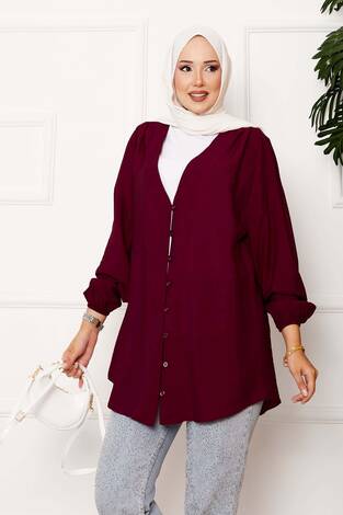 Önden Düğmeli Kimono Gömlek Bordo - Thumbnail