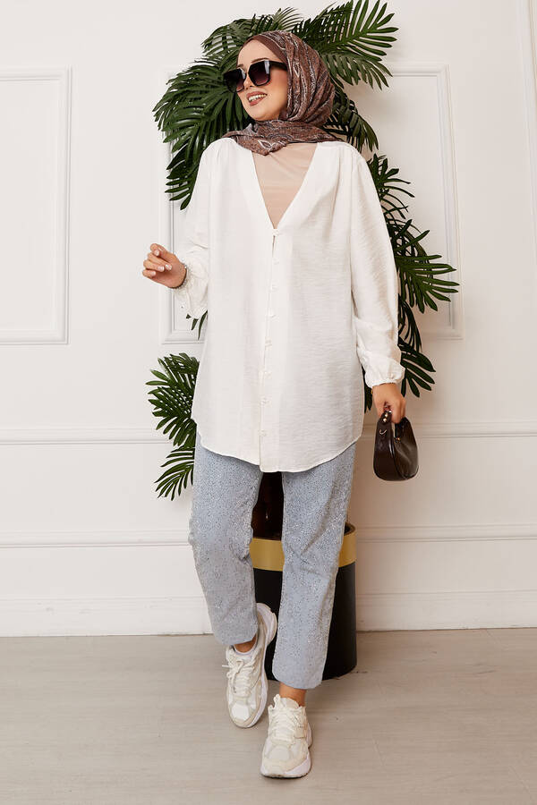 Önden Düğmeli Kimono Gömlek Ekru - 3