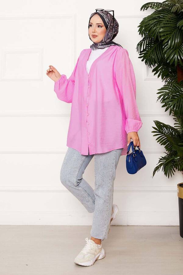 Svs - Önden Düğmeli Kimono Gömlek Koyu Pembe