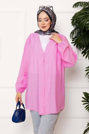 Önden Düğmeli Kimono Gömlek Koyu Pembe - Thumbnail