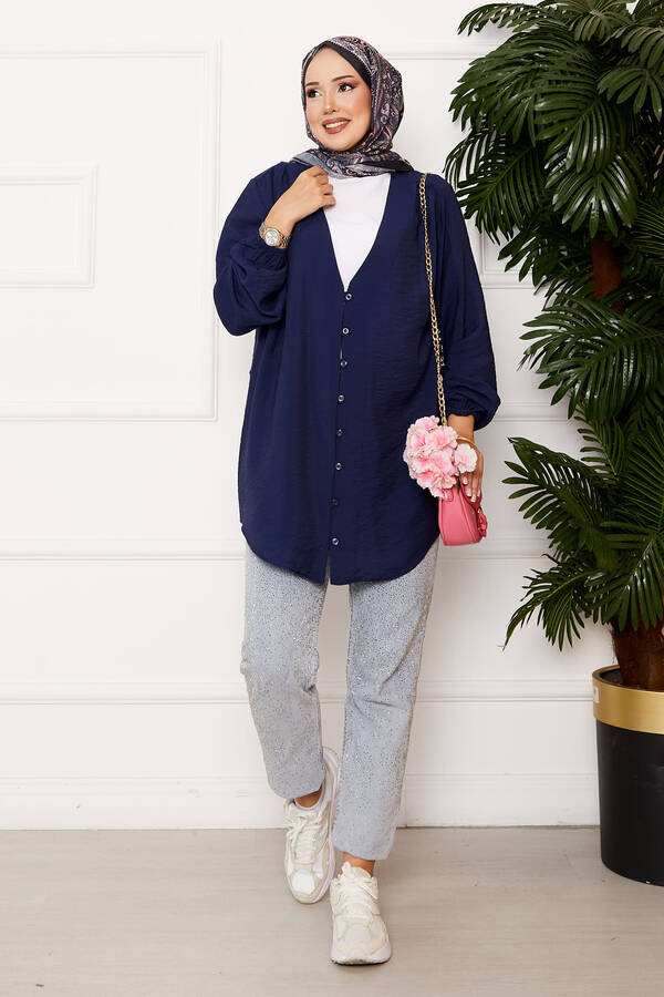 Önden Düğmeli Kimono Gömlek Lacivert - 3