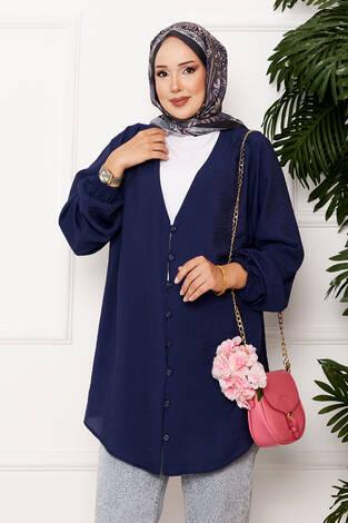 Önden Düğmeli Kimono Gömlek Lacivert - Thumbnail