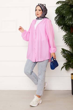 Önden Düğmeli Kimono Gömlek Pembe - Thumbnail