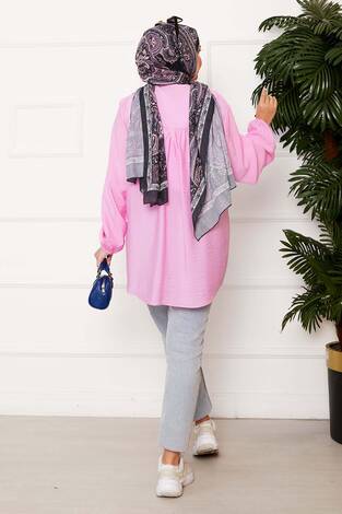 Önden Düğmeli Kimono Gömlek Pembe - Thumbnail