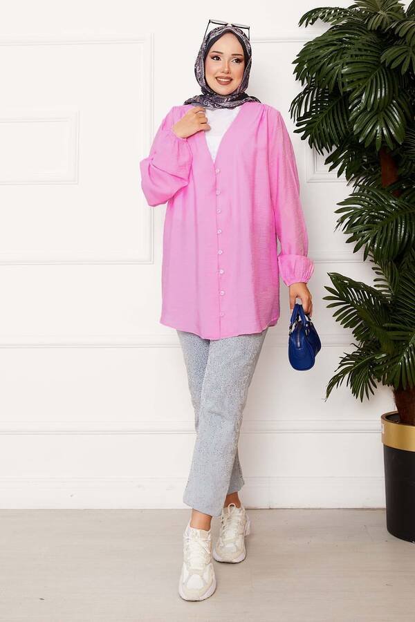 Önden Düğmeli Kimono Gömlek Pembe Önden Düğmeli Kimono Gömlek Pembe