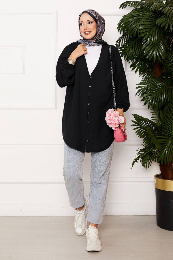 Önden Düğmeli Kimono Gömlek Siyah