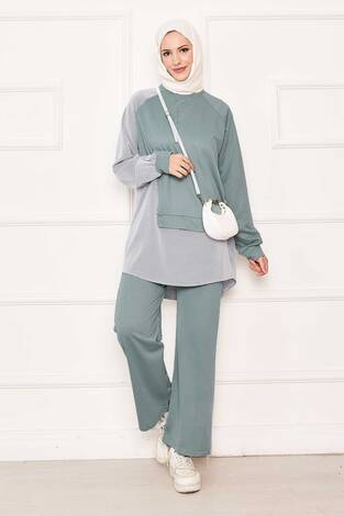 Önü Asimetrik Çizgi Garnili İkili Takım Mint - Thumbnail