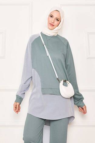 Önü Asimetrik Çizgi Garnili İkili Takım Mint - Thumbnail