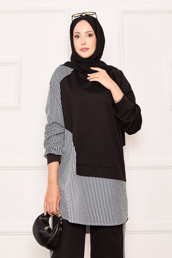 CVN - Önü Asimetrik Çizgi Garnili İkili Takım Siyah (1)