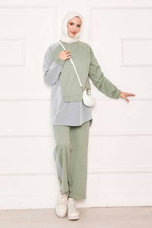 Önü Asimetrik Çizgi Garnili İkili Takım Su Yeşili - Thumbnail