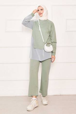 Önü Asimetrik Çizgi Garnili İkili Takım Su Yeşili - Thumbnail