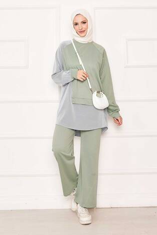 Önü Asimetrik Çizgi Garnili İkili Takım Su Yeşili - Thumbnail