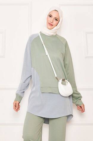 Önü Asimetrik Çizgi Garnili İkili Takım Su Yeşili - Thumbnail