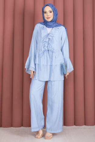 Önü Bağcık Detaylı Kolları Volanlı Kimono İkili Takım Bebe Mavisi