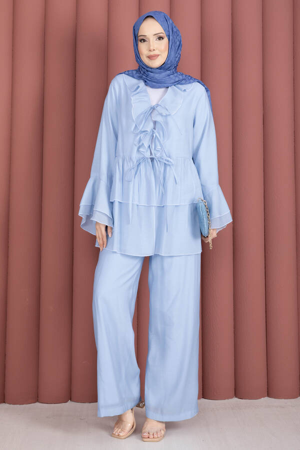 Mdl - Önü Bağcık Detaylı Kolları Volanlı Kimono İkili Takım Bebe Mavisi