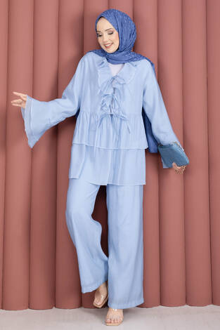 Önü Bağcık Detaylı Kolları Volanlı Kimono İkili Takım Bebe Mavisi - Thumbnail