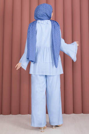 Önü Bağcık Detaylı Kolları Volanlı Kimono İkili Takım Bebe Mavisi - Thumbnail