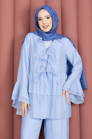 Önü Bağcık Detaylı Kolları Volanlı Kimono İkili Takım Bebe Mavisi - Thumbnail