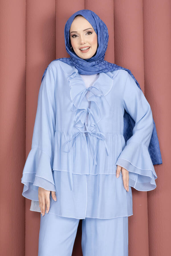 Mdl - Önü Bağcık Detaylı Kolları Volanlı Kimono İkili Takım Bebe Mavisi (1)
