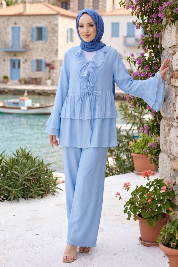 Mdl - Önü Bağcık Detaylı Kolları Volanlı Kimono İkili Takım Bebe Mavisi