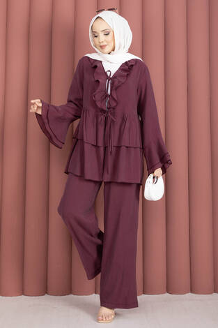 Önü Bağcık Detaylı Kolları Volanlı Kimono İkili Takım Bordo