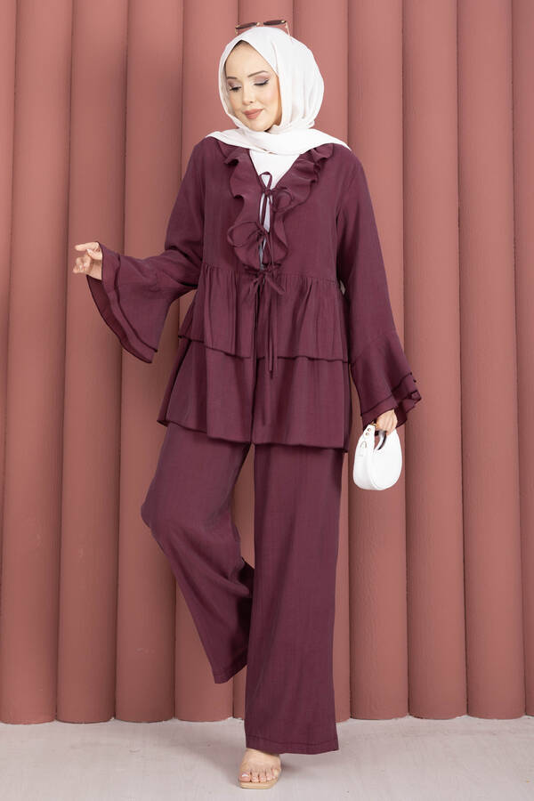 Mdl - Önü Bağcık Detaylı Kolları Volanlı Kimono İkili Takım Bordo