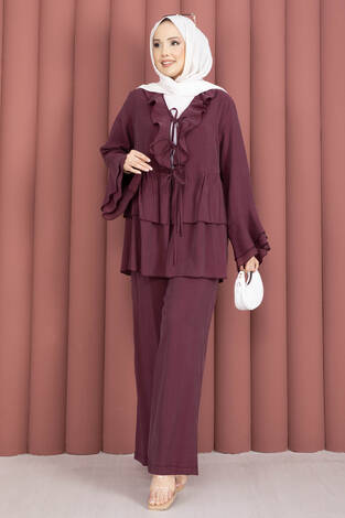 Önü Bağcık Detaylı Kolları Volanlı Kimono İkili Takım Bordo - Thumbnail