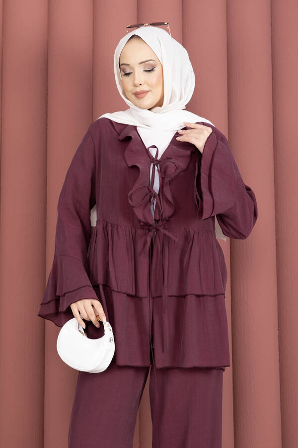 Mdl - Önü Bağcık Detaylı Kolları Volanlı Kimono İkili Takım Bordo (1)