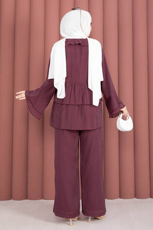 Önü Bağcık Detaylı Kolları Volanlı Kimono İkili Takım Bordo - Thumbnail