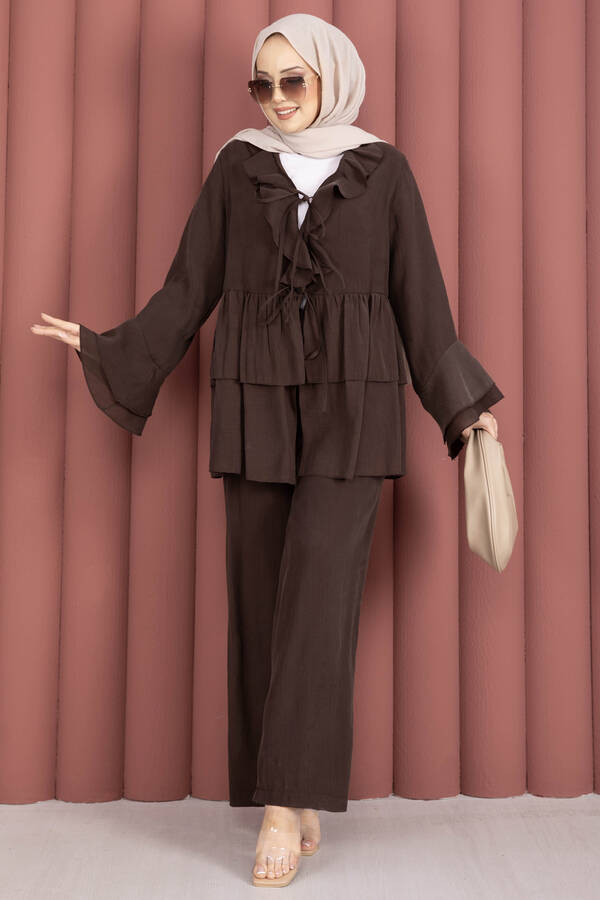 Mdl - Önü Bağcık Detaylı Kolları Volanlı Kimono İkili Takım Kahve