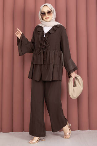Önü Bağcık Detaylı Kolları Volanlı Kimono İkili Takım Kahve - Thumbnail