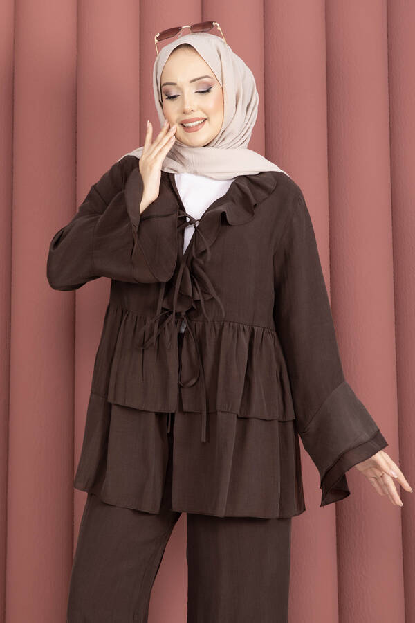 Mdl - Önü Bağcık Detaylı Kolları Volanlı Kimono İkili Takım Kahve (1)