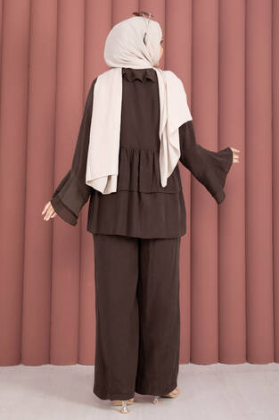 Önü Bağcık Detaylı Kolları Volanlı Kimono İkili Takım Kahve - Thumbnail