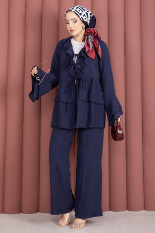 Önü Bağcık Detaylı Kolları Volanlı Kimono İkili Takım Lacivert - Thumbnail