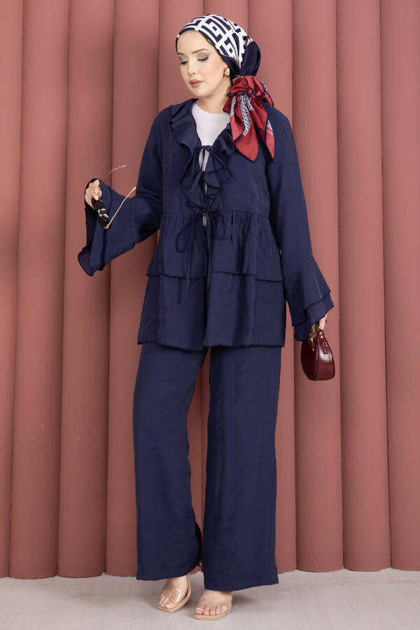 Mdl - Önü Bağcık Detaylı Kolları Volanlı Kimono İkili Takım Lacivert