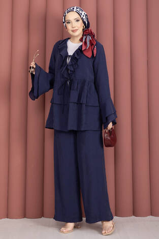 Önü Bağcık Detaylı Kolları Volanlı Kimono İkili Takım Lacivert - Thumbnail