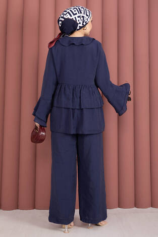 Önü Bağcık Detaylı Kolları Volanlı Kimono İkili Takım Lacivert - Thumbnail