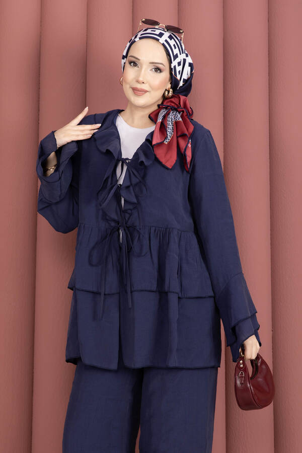 Mdl - Önü Bağcık Detaylı Kolları Volanlı Kimono İkili Takım Lacivert (1)