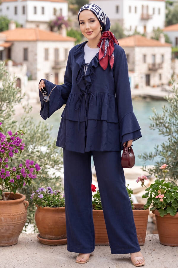 Mdl - Önü Bağcık Detaylı Kolları Volanlı Kimono İkili Takım Lacivert