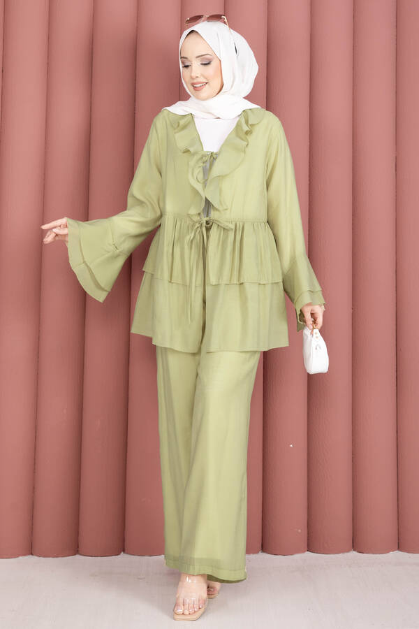 Mdl - Önü Bağcık Detaylı Kolları Volanlı Kimono İkili Takım Olive
