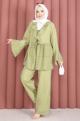 Önü Bağcık Detaylı Kolları Volanlı Kimono İkili Takım Olive - Thumbnail