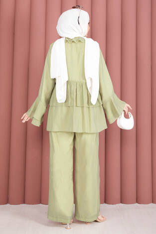 Önü Bağcık Detaylı Kolları Volanlı Kimono İkili Takım Olive - Thumbnail
