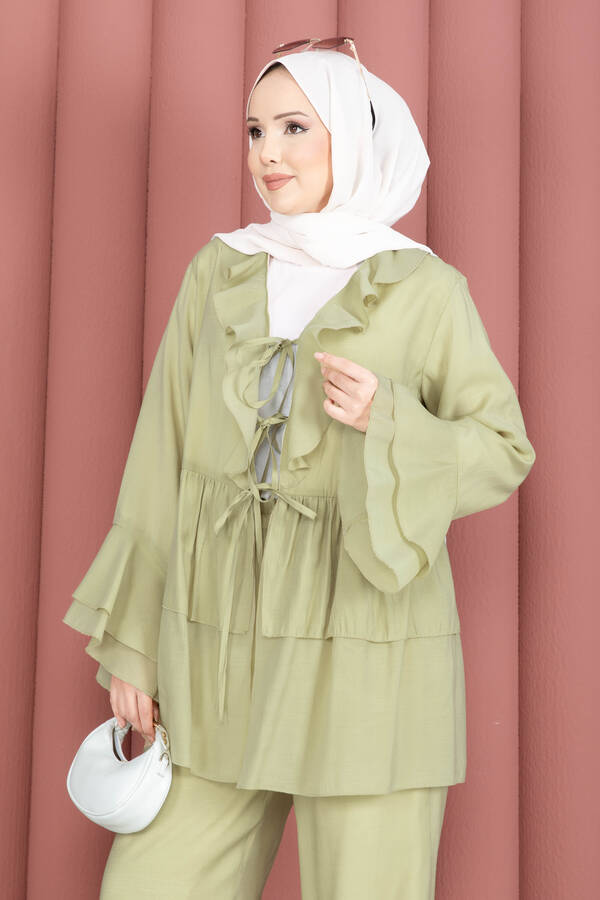 Mdl - Önü Bağcık Detaylı Kolları Volanlı Kimono İkili Takım Olive (1)