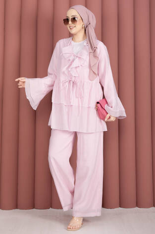 Önü Bağcık Detaylı Kolları Volanlı Kimono İkili Takım Pembe