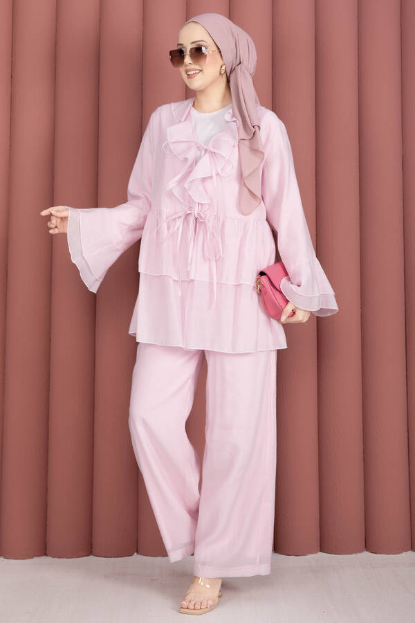 Mdl - Önü Bağcık Detaylı Kolları Volanlı Kimono İkili Takım Pembe