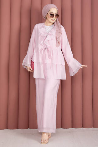 Önü Bağcık Detaylı Kolları Volanlı Kimono İkili Takım Pembe - Thumbnail