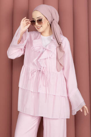 Önü Bağcık Detaylı Kolları Volanlı Kimono İkili Takım Pembe - Thumbnail