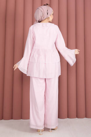 Önü Bağcık Detaylı Kolları Volanlı Kimono İkili Takım Pembe - Thumbnail