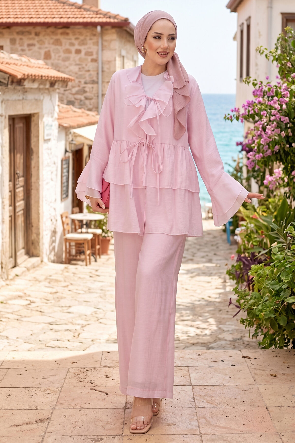 Önü Bağcık Detaylı Kolları Volanlı Kimono İkili Takım Pembe